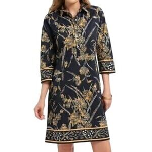 NWT Bella Tu Black Floral Boho 3/4 Sleeve Cotton Blend Preppy Shirtdress XS